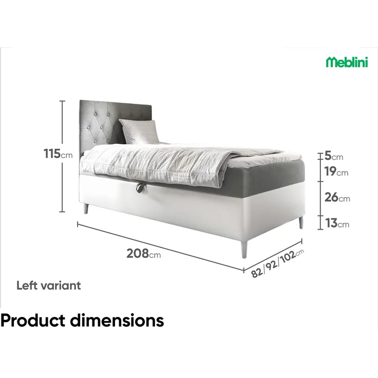 MEBLINI Kinderbett mit Bettkasten FILIPPO 1 90x200 Links – H3/Grau Samt Gepolstert Einzelbett mit Matratze - Polsterbett mit Stauraum - Bett mit Kopfteil – Stauraumbett – Bild 6