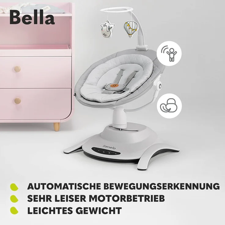 LIONELO Bella Elektrische Babywippe 360o für Babys bis 9 kg, verstellbare Rückenlehne, 5 Schaukelgeschwindigkeiten Sicherheitsgurt Erkennung von Bewegungen Anti-Rutsch – Bild 5