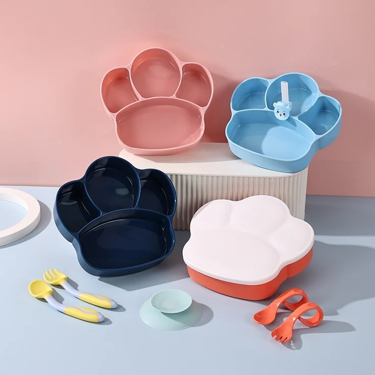 ABC Blaues 6-teiliges Baby-PP-Essteller-Set, Kindergeschirr-Set, integrierte Fächer, inklusive Baby-Silikon-Trinkbecher, Strohhalm und Übungslöffel – Bild 3