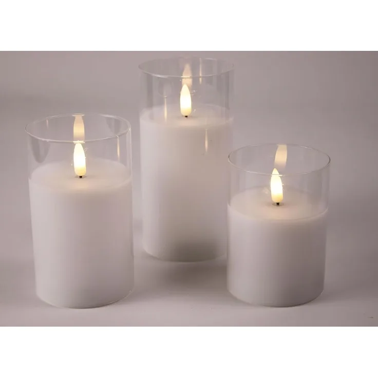 Wachskerzen 3D-Flackern 3-teilig weiß, transparentes Glas 6/18 A/A