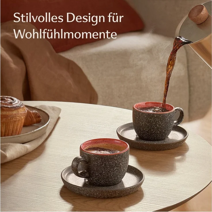 Cosumy Cappuccinotasse Espressotassen mit Untertassen 4er Set - 90 ml Keramik rot, 8-tlg, Keramik, Warm – Bild 2