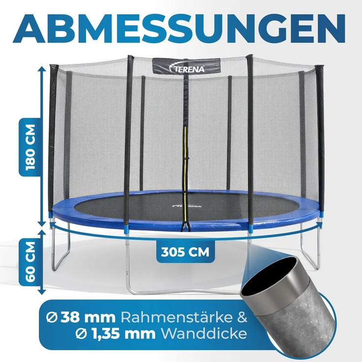 Terena® Trampolin 305 mit Sicherheitsnetz, Grau / Blau, bis 150kg – Bild 7