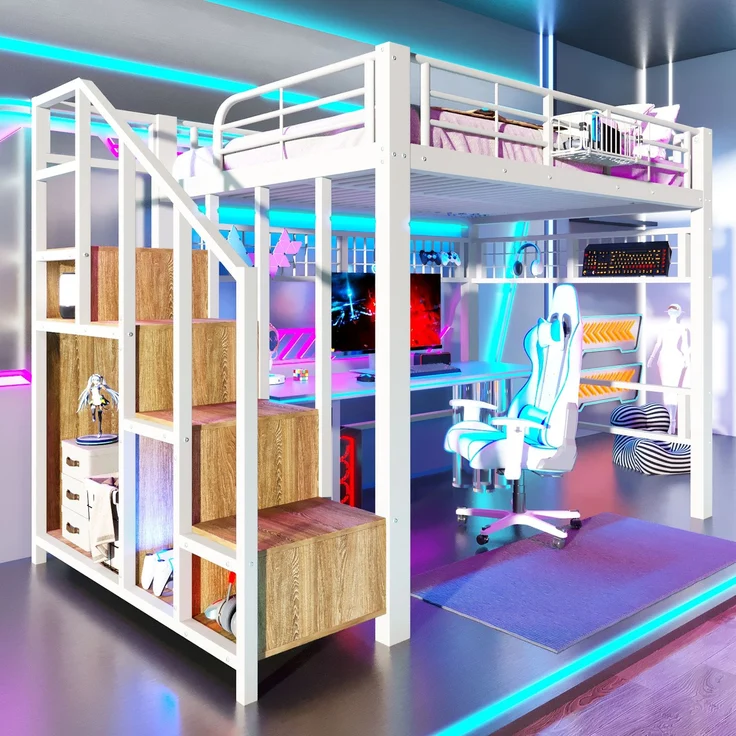 Merax Hochbett, Kinderbett 140×200cm, Jugendbett, mit LED-Lichtleiste, Treppenkonstruktionen mit Stauraum, Ohne Matratze, Weiß – Bild 2