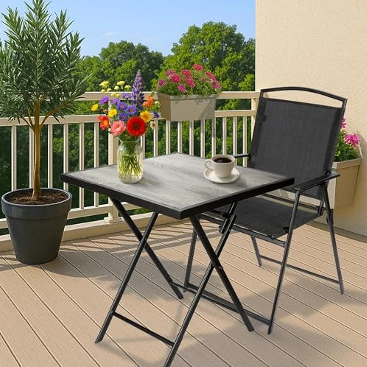 BRUBAKER Gartentisch Bergamo - 58 x 58 cm Balkontisch mit Holz Optik - Wetterfest (1-St, Klapptisch für Balkon, Terrasse - Bistrotisch), Metall Beistelltisch klappbar - Campingtisch eckig – Bild 8