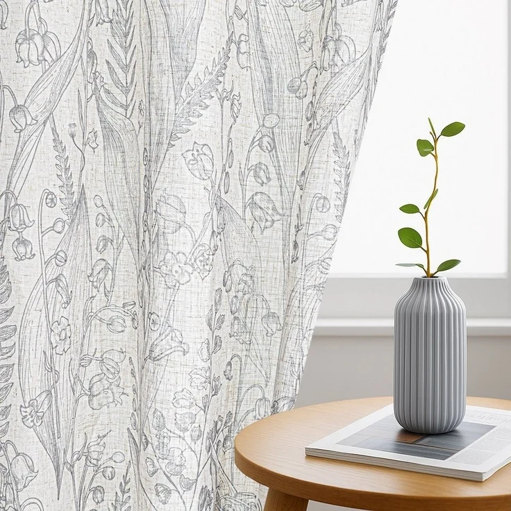 Restilo Gardine Gardine Ösen Vorhang Leinen Microfaser Blumen Muster (1 St), Ösen, halbtransparent, Microfaser mit Leinen – Bild 1