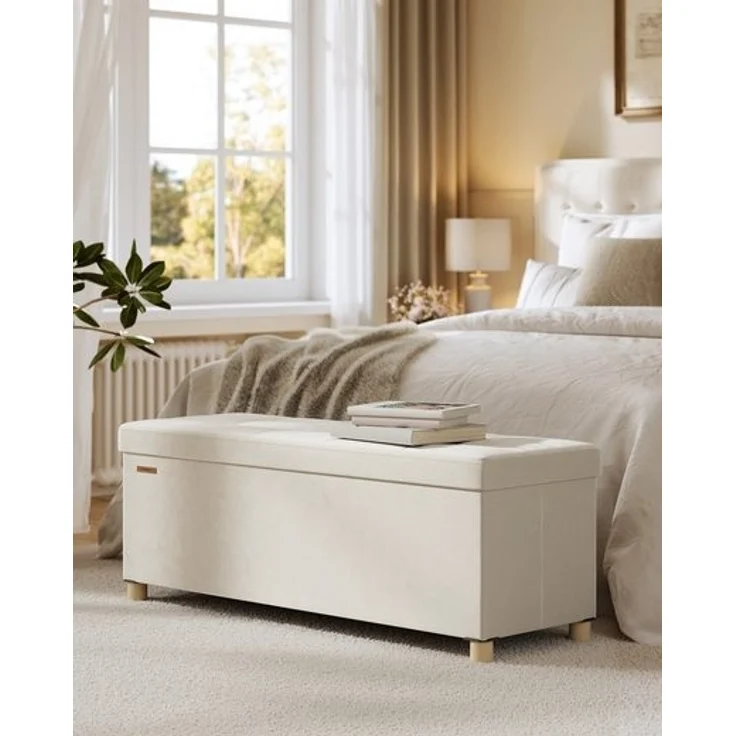 SONGMICS Sitzbank mit Stauraum, Hocker faltbar, 38 x 110 x 40 cm, Aufbewahrungsbox mit Deckel, Fußhocker 112 L, Samt, bis 300 kg belastbar, Flur Wohnzimmer Schlafzimmer – Bild 2