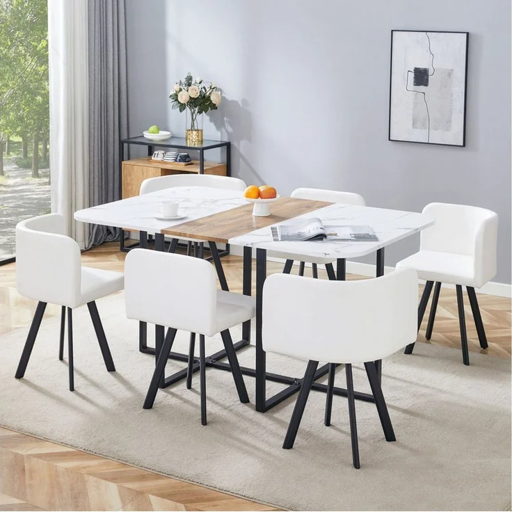 ANYSUN Essgruppe Esstisch-Set,Esstisch mit 6 Stühlen, für 4-6 Personen, (Set, 7-tlg,Tisch mit Holzmaserung-Oberfläche & schwarzem Metallgestell, Tisch mit 6 Stühlen), Esszimmerstuhl,rechteckig Küchentisch,ideal für Küche & Wohnzimmer – Bild 2