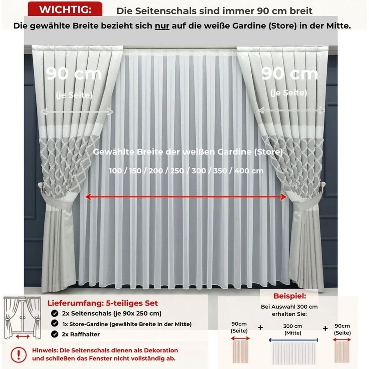 Gardinen by Justyna Gardine Vorhang Grau Falten Fon Gardine Komplett Set (5 St), Kräuselband, halbtransparent, Kräuselband,Fertiggardine,Hochwertiggardine,Turkischegardine,Perde – Bild 3
