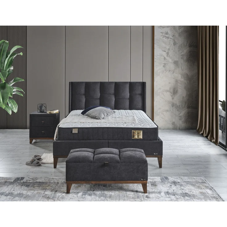 Schlafzimmer-Set "Rina" – Bett mit Bettkasten und Matratze , Nachttisch, Bettbank-Anthrazit – Bild 2