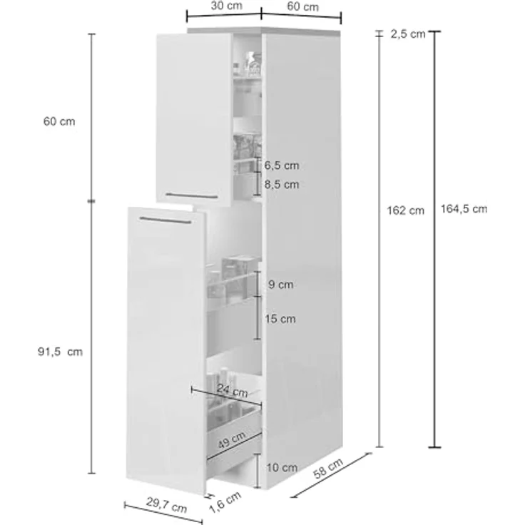 Dmora - Küchenschrank Quintino, Mehrzweckschrank, Küchenzeile Schrank, Multifunktionales Kühlregal, 100% Made in Italy, 30 x 60 x 165 cm, glänzendes Weiß und Schiefer – Bild 3