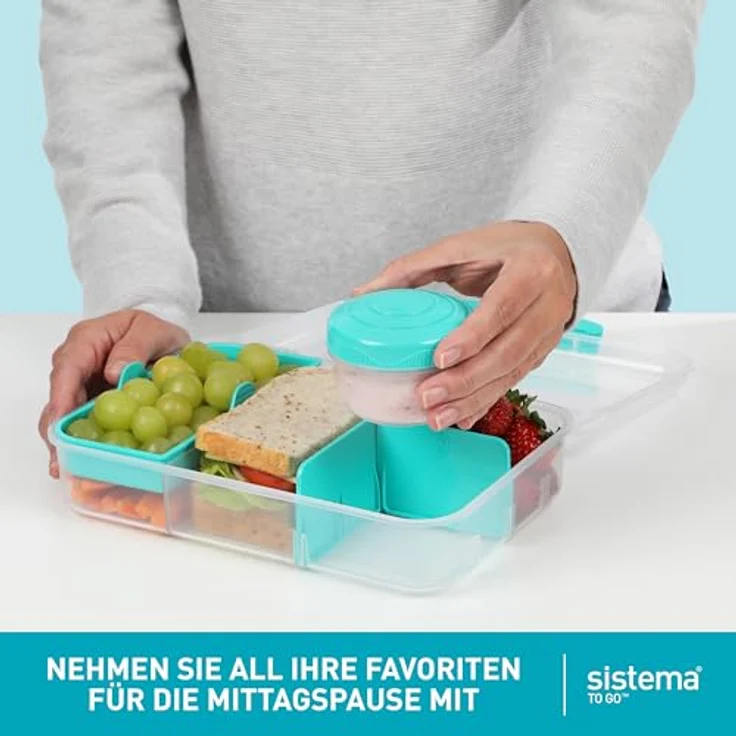 Sistema Bento Box Create Brotdose mit Fächern | 1,48 L Lunchbox mit Joghurt- /Fruchtbehälter | Lunchbox Kinder & Erwachsene | Blaugrün | 2 Stück – Bild 3
