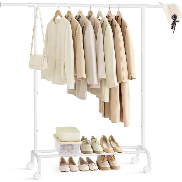 SONGMICS Kleiderständer auf Rollen, ausziehbare Kleiderstange, Garderobenständer aus Stahlrohren, erhöhte Ablagestange, 40 x (83-120) x 156 cm, wolkenweiß HSR134W01