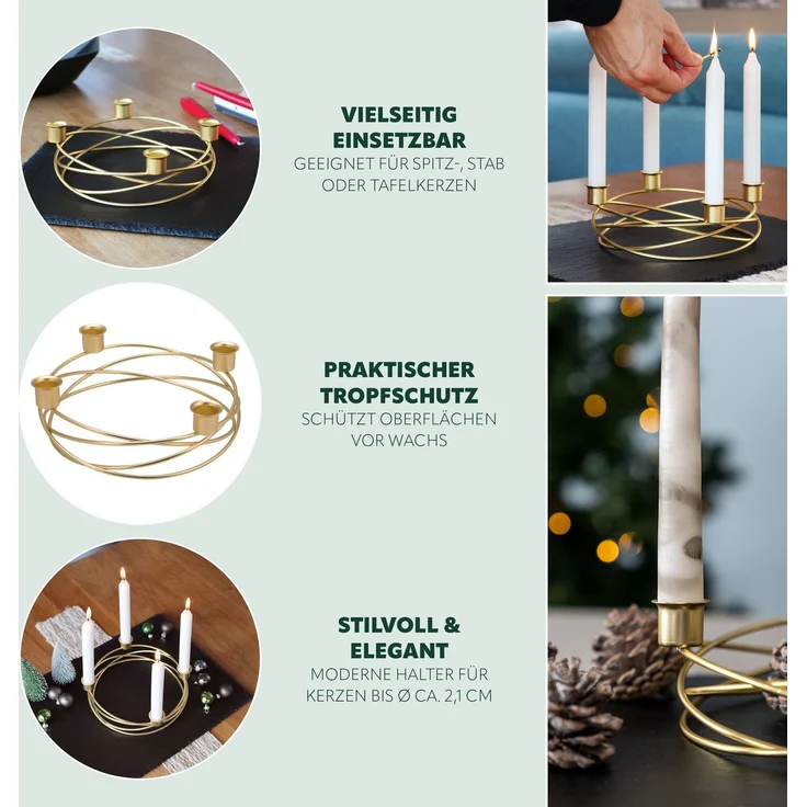 Kerzenhalter – Kranzform, für Stabkerzen / Tafelkerzen, Kerzenständer gold – Bild 6