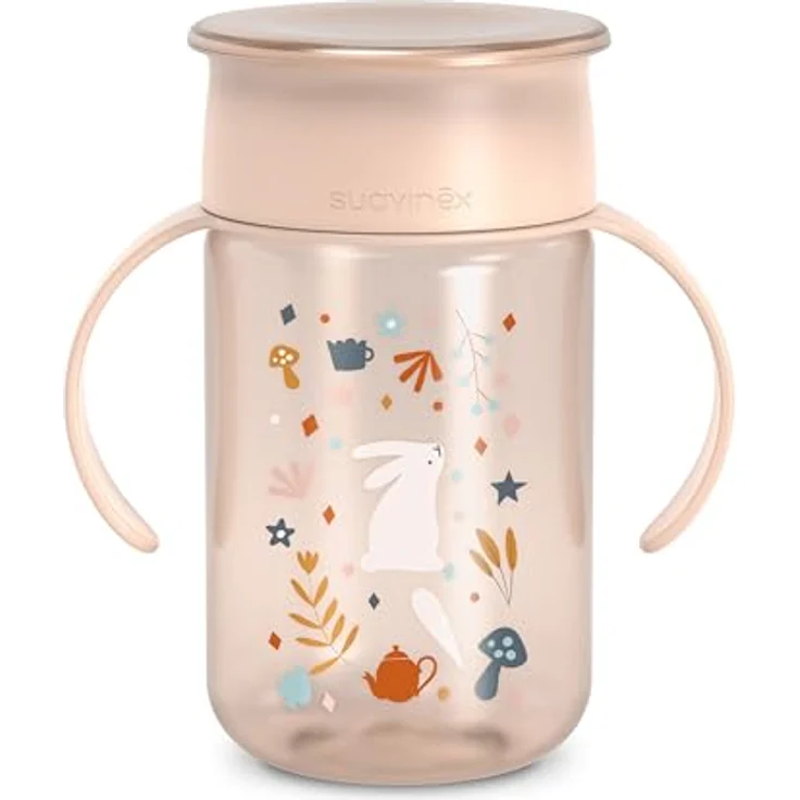 Suavinex, Magic Cup mit auslaufsicherer Scheibe und hygienischem Deckel, 360°, abnehmbare Griffe, spülmaschinenfest, 340 ml, Wonderland Rosa – Bild 1