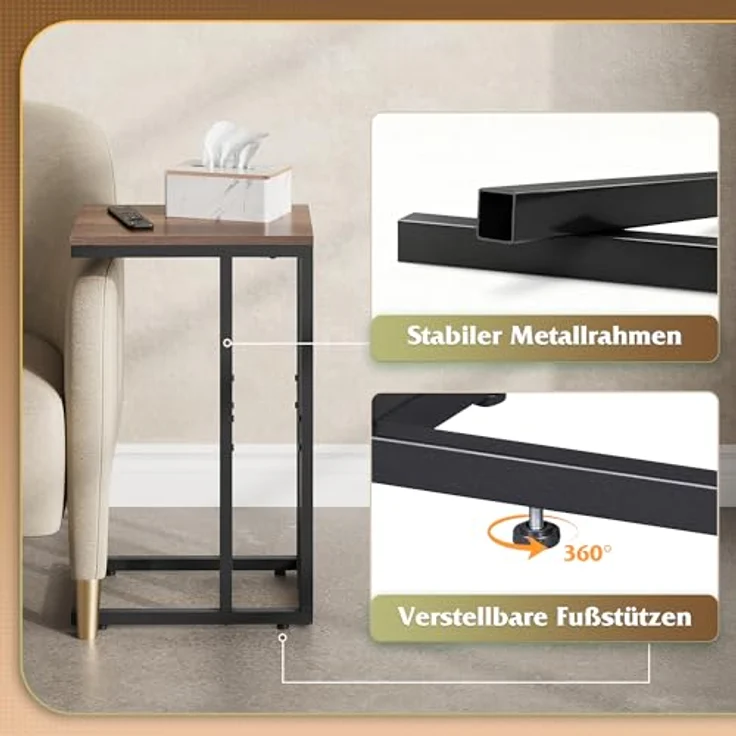 WLIVE Beistelltisch C Form, Nachttisch für Schlafzimmer, Wohnzimmer, Beistelltische mit Metallrahmen, Wohnzimmer Tisch für Couch, Sofatisch Braun – Bild 8