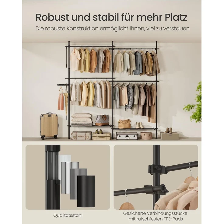 Songmics deckenhocher Kleiderständer, höhen- und breitenverstellbar, mit abnehmbaren Ablagen, Stahl / Kunststoff mattschwarz, 33,5 x (162-238) x (208-310) cm – Bild 6
