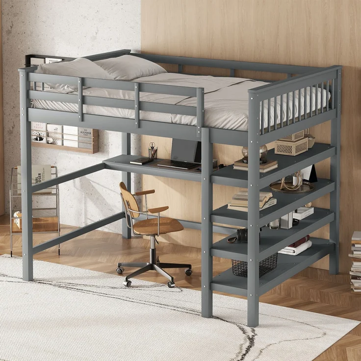 Hochbett 140x200 cm Kinderhochbett mit Schreibtisch, Ablagefächern, Kiefernholz + MDF, Grau, sichere Leiter – Bild 4