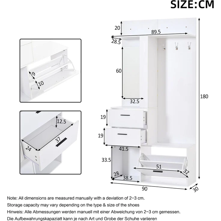 Garderobenständer, Kleiderständer, Schuhbank, Garderobe, 2 Schubladen,3 Haken für Jacken, Hüte, Ein Glasspiegel, daneben drei Regalböden, Flur, Schlafzimmer, Wohnzimmer, 90x30x180cm,weiß – Bild 4