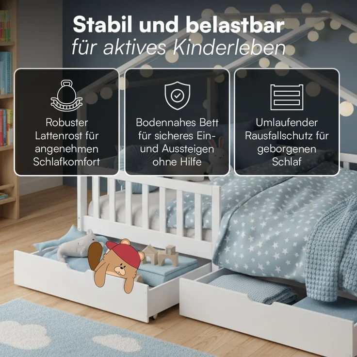 Bellabino 'Bia' Hausbett 140x200 cm mit 2 Schubladen, weiß, Kiefer Massivholz, Montessori Kinderbett mit Stauraum, inkl. Rausfallschutz und Lattenrost – Bild 4