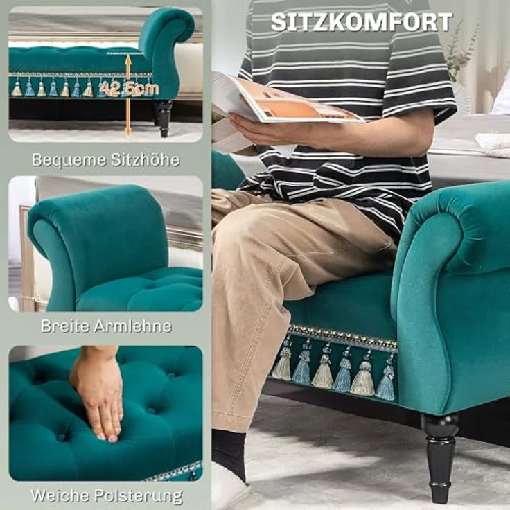 HOMCOM Polsterbank Hockerbank, Bettrbank mit Samtoptik (Sitzbank, 1-St, Schminktischbänke), für Schlafzimmer, Grün – Bild 7