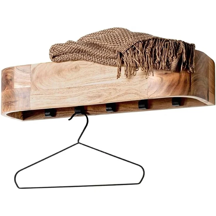 Haku Wandgarderobe aus Akazie Massivholz mit 5 schwarzen Metallhaken, Flurgarderobe im Urban-Collective-Stil, 60x20x13 cm – Bild 5