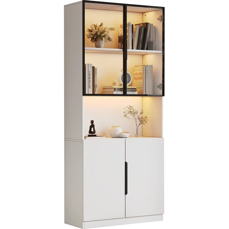 Moderne minimalistische Vitrine mit Glastüren, Vitrine mit LED-Leuchten, Bücherregal für Sammlerstücke, einstellbare Farbtemperatur und Helligkeit, weiße 80*30*200cm--Weiß--94.49x50.8x19.51cm--YOUDENOVA – Bild 10