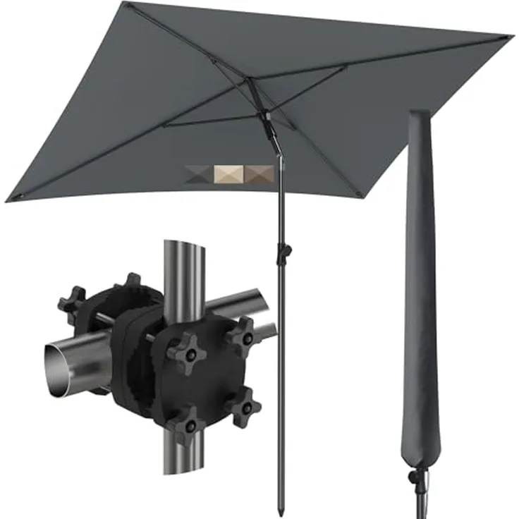 4smile Sonnenschirm Balkon SunnyShade, Sonnnenschutz Balkon SET 3-in-1, Anthrazit - UV50+ SunnyGuy Sonnenschirm rechteckig 200x125 cm + Sonnenschirmhalter Balkongeländer + Sonnenschirmhülle