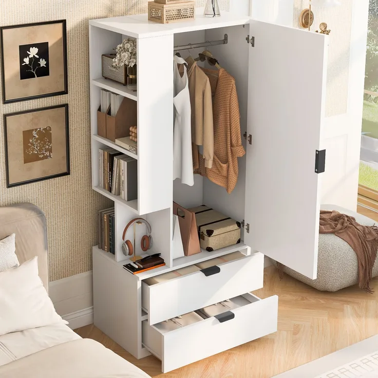 Kleiderschrank 70x50x170 cm in Weiß, mit offenen Fächern, Kleiderbereich und Schubladen