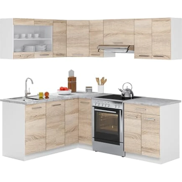 Eckküche Rick Weiß/Sonoma 207 cm , AP Marmor mit LED-Leisten Vicco – Bild 10