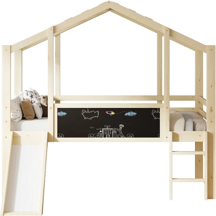 Kinder Hochbett Mit Rutsche Und Schiefertafel 90x200 Hausform Massivholz 120kg Tragfähig Sicherheitsgeländer Spielbett Mitwachsend – Bild 7