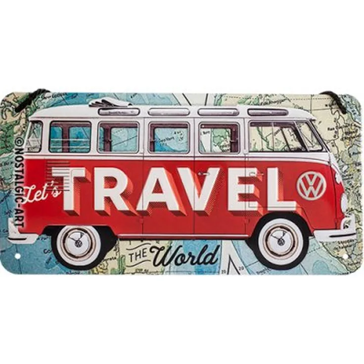 Nostalgic Art Blechschild VW Bulli - Let's Travel The World Hängeschild - 10x20cm – Metall – Mehrfarbig – 28035
