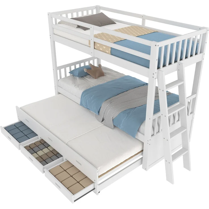 Etagenbett 90x200 cm mit Ausziehbett, 3 Schubladen, Kinderbett aus Kiefernholz und MDF, mit Treppe,Weiß – Bild 8