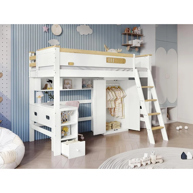 Ball & Cast Hochbett (90x200 cm) Tagesbett mit Fallschutzgitter und Leiter, Kinderbett mit Tisch und Kleiderschrank, Weiß+Natur – Bild 3