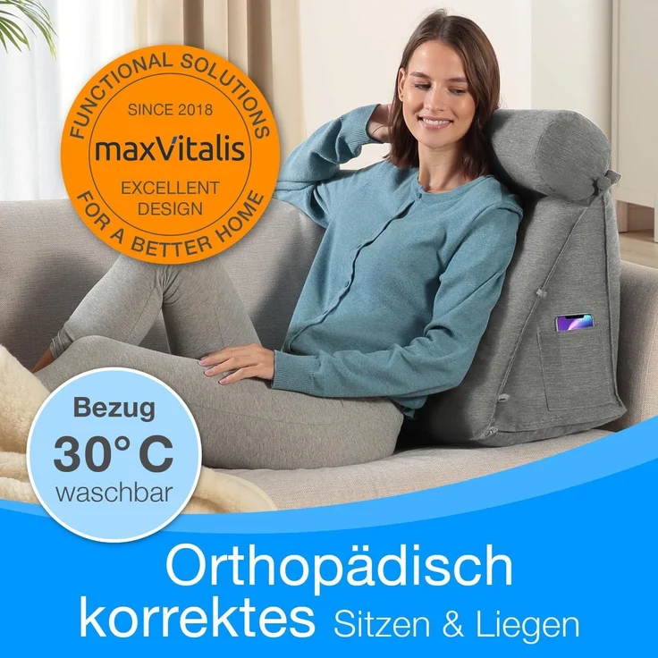 aktivshop Rückenkissen mit Nackenrolle für Bett & Sofa, 55x50x30cm, waschbarer Bezug – Bild 8