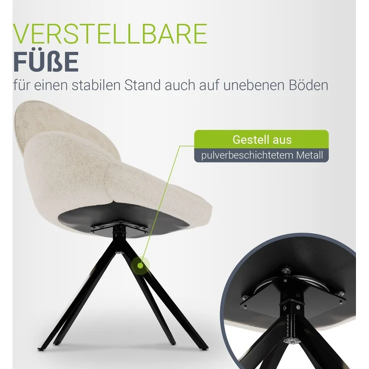 Juskys Drehstuhl Albano - Bouclé - 360° drehbar & gepolstert, pflegeleichter Bezug, verstellbare Metallfüße, modern, für Esszimmer & Küche - Creme 2er Set – Bild 6