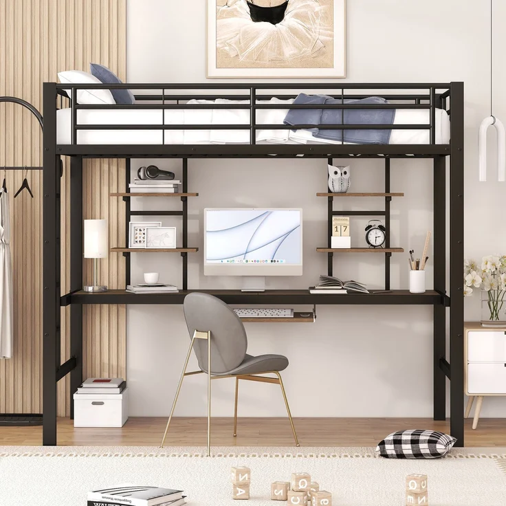 EINHOM Bettgestell Metallbett, Eisenbett, Hochbett mit Schreibtisch und Zwei Bücherregalen für Kinder, Jugendliche und Erwachsene, 90 x 200 cm, Schwarz (Ohne Matratze) – Bild 3