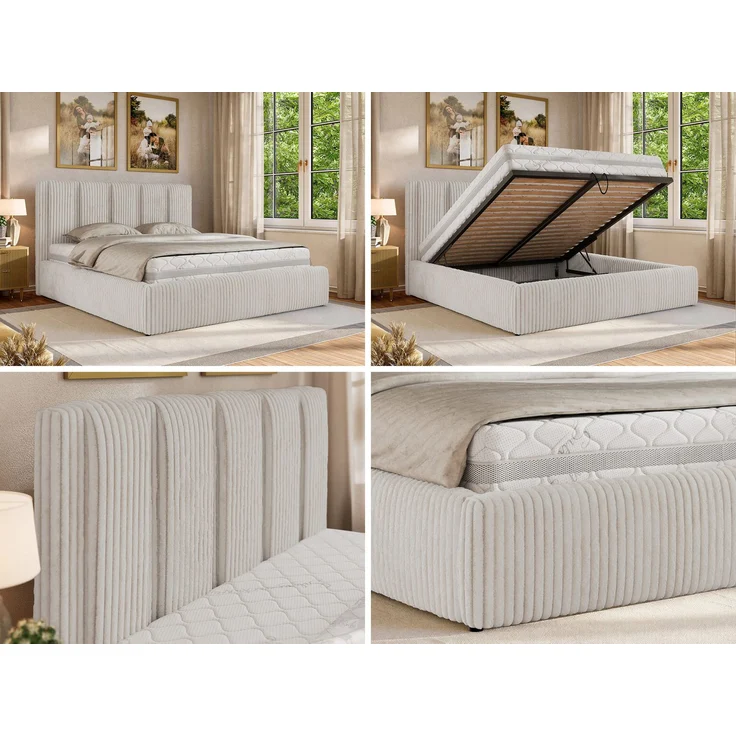 Polsterbett SAVINO CLASSIC mit Bettkasten und Lattenrost Doppelbett 180 x 200 cm mit hohem Kopfteil Stauraumbett Bett mit Gasdruckfeder - Beige Cord – Bild 2