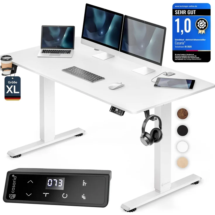 Casaria® Höhenverstellbarer Schreibtisch elektrisch 160x70 cm mit Wireless Charger & USB-C/A Anschluss LCD-Display Memory-Funktion 80 kg belastbar ergonomisch Weiß