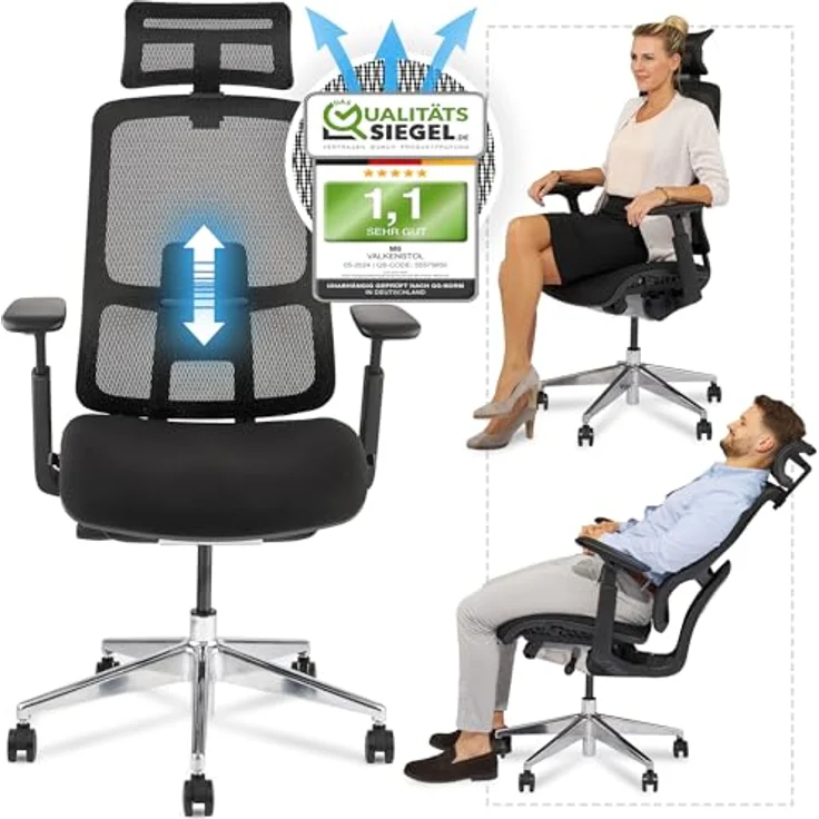VALKENSTOL M6 Bürostuhl Ergonomisch Testsieger, auch bis 1,95m, Schreibtischstuhl mit Polster-Sitz, Office Chair mit adaptiver Lordosenstütze, Verstellbare Rückenlehne für Gesundes Sitzen, Chefsessel – Bild 10