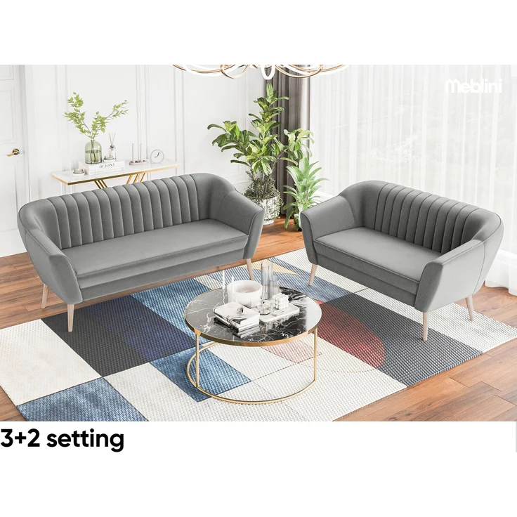 MEBLINI Sofa-Set KAIA 3+2 - Hellgrau Samt - für Wohnzimmer - Mini Lounge für fünf Personen - Küchensofa - Sofa Klein - Sitzgarnitur - Polstergarnitur - Sofagarnituren – Bild 2