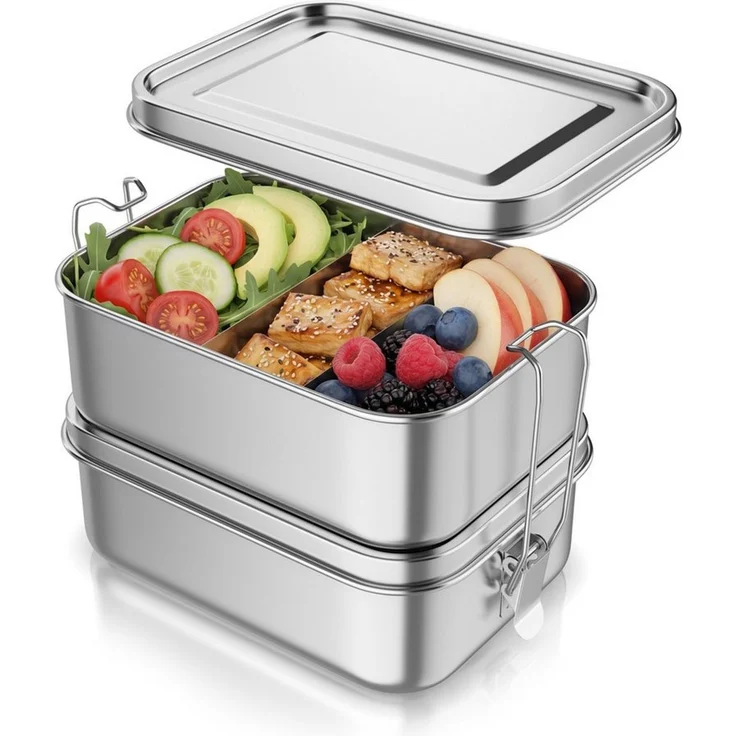 Arendo Lunchbox Meal Prep Box Edelstahl 1700 ml, 2 Ebenen, 4 Trenneinsätze, Brotdose, Edelstahl, (1-tlg, 2 Trennstege, 2 Silikondichtungen), für Erwachsene, 2x 850 ml, Silikon-Dichtung, spülmaschinenfest – Bild 1