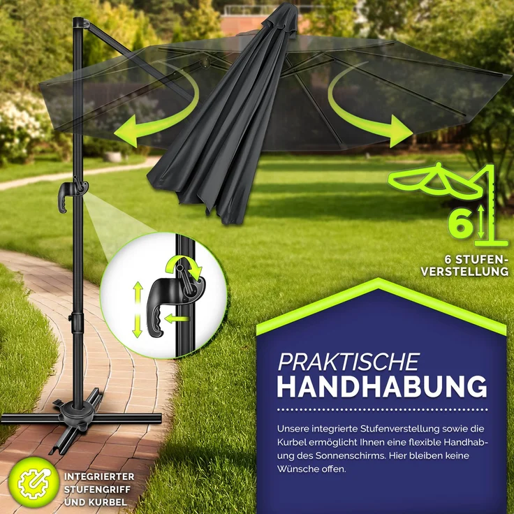 tillvex® Sonnenschirm verstellbar mit Kurbel, 360° drehbar, Polyester / Aluminium braun, Ø 300 cm – Bild 3