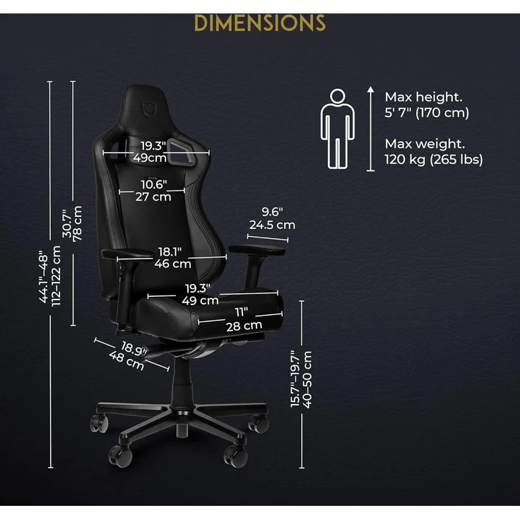 noblechairs Epic Compact Gaming Stuhl, Bürostuhl Ergonomisch, Schreibtisch Stuhl, Kopf- und Lendenstütze, PU-Leder, Entwickelt für Nutzer bis 120 kg und 1,7 Meter Hoch (Schwarz/Carbon) – Bild 3