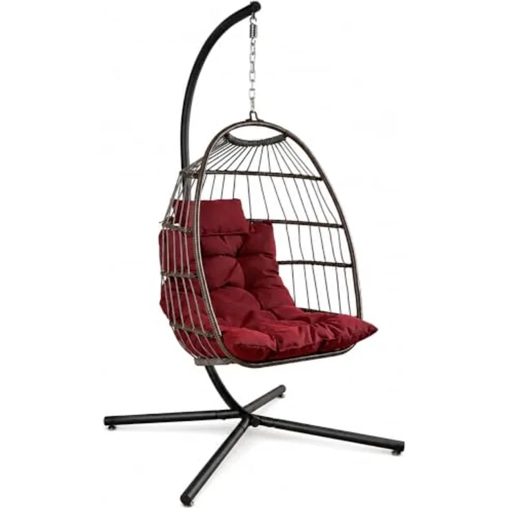 SereneLife Hängesessel mit Gestell Outdoor 250 kg – Wetterfest mit Kissen faltbar für Garten Balkon Indoor Relaxsessel Rot