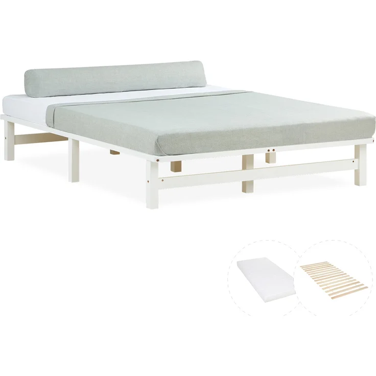 Holzbett 140x200 mit Matratze Holzbettrahmen Palettenbett Weiß Doppelbett Bett Massiv Holz Bettgestell – Bild 1