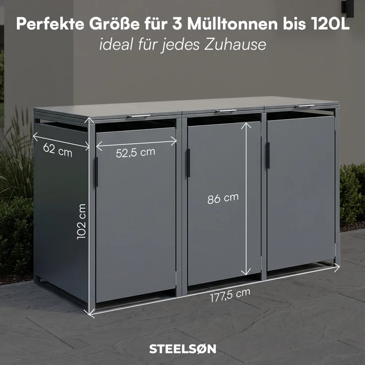 STEELSØN 'Thoria' Mülltonnenbox 3er je 120 Liter, anthrazit, Mülltonnenverkleidung aus Stahl, wetterfest, 102x62x177,5 cm, Müllbox für 3 Tonnen – Bild 9