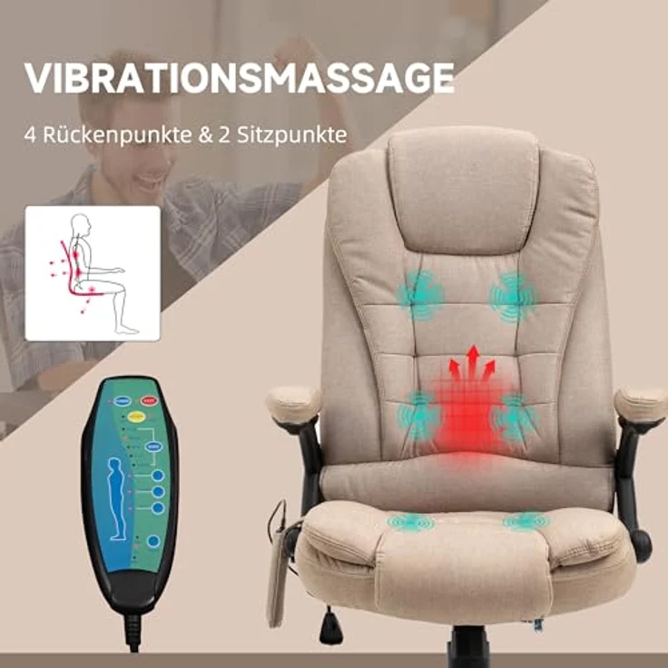 Vinsetto Schreibtischstuhl mit Vibrationsmassage, Heiz-, Liegefunktion, ergonomisch (Massagesessel, 1 St), für Wohnbereich, Braun – Bild 5