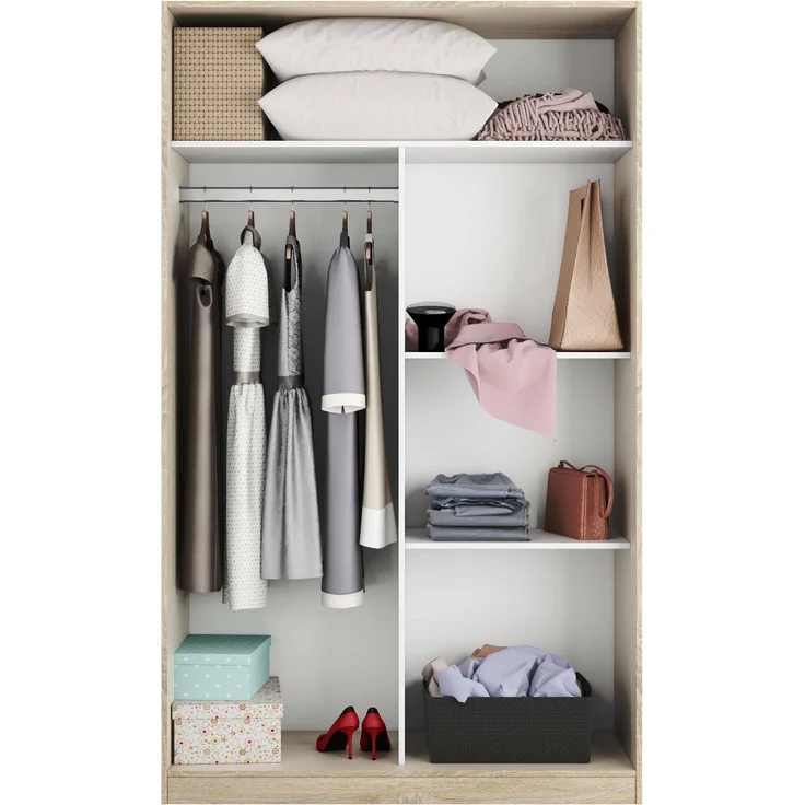 Dmora Kleiderschrank 2 Türen Adrenalin, Schlafzimmerschrank, Schrank mit 4 Regalen und Kleiderstange, 120x50h200 cm, Eiche und Weiß – Bild 6