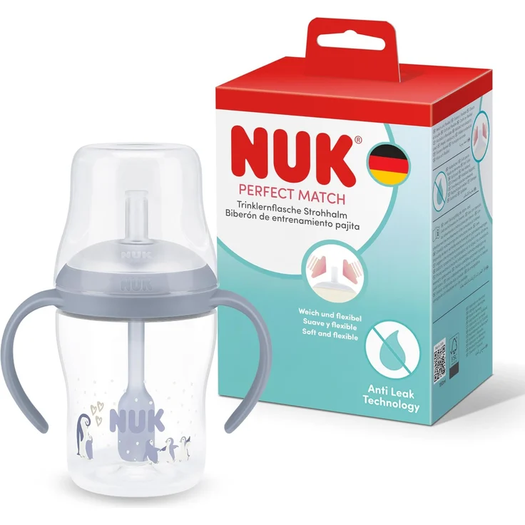 NUK Perfect Match Trinklernflasche mit Strohhalm | 8+ Monate | 150 ml | Auslaufsicherer Baby-Strohhalmbecher | Rutschfeste Griffe | Blau | 1 Stück
