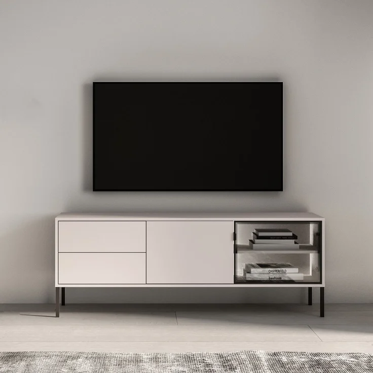 Selsey 'Barnee' - TV-Lowboard mit beleuchteter Glasvitrine, Kaschmirgrau, 160 cm – Bild 2